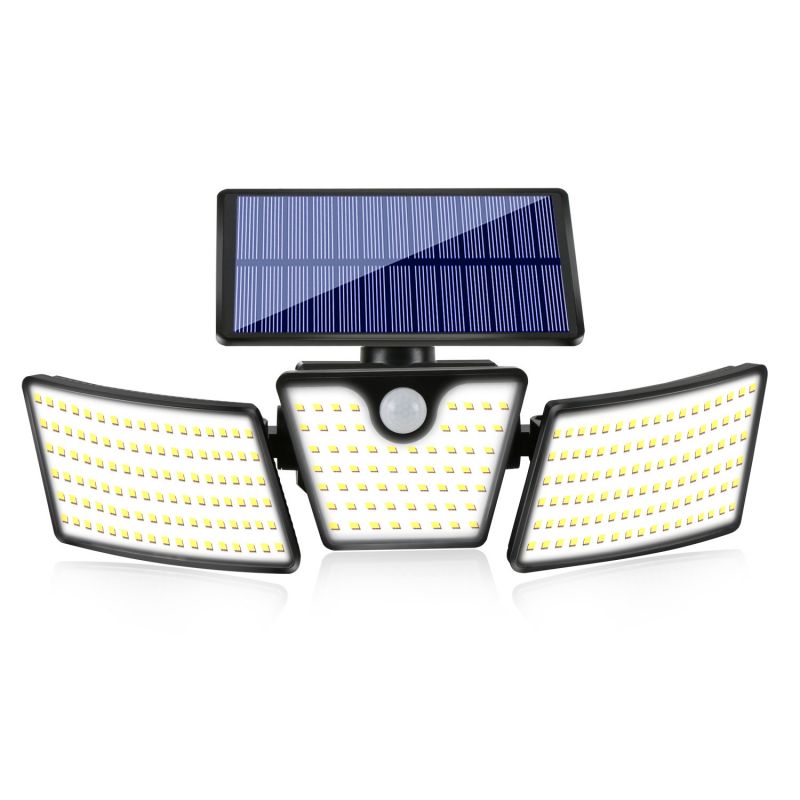 Luz de pared solar para patio con sensor de movimiento de 3 cabezales impermeable IP65 265 LED de alto lumen para exteriores